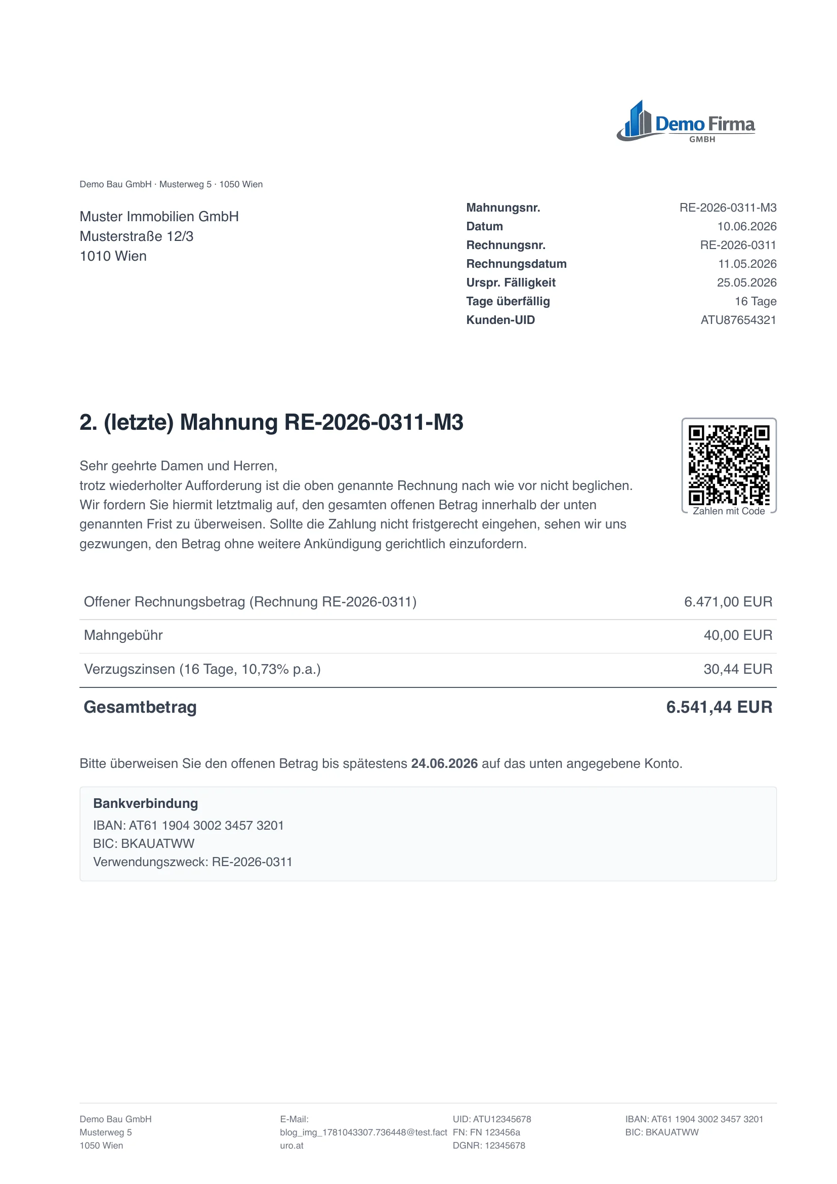 Letzte Mahnung mit Verzugszinsen und Mahngebuehr - Muster erstellt mit facturo