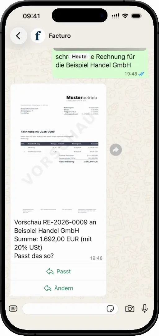 WhatsApp-Chat mit Facturo AI: Foto vom Zettel rein, fertige Rechnung als PDF zurück